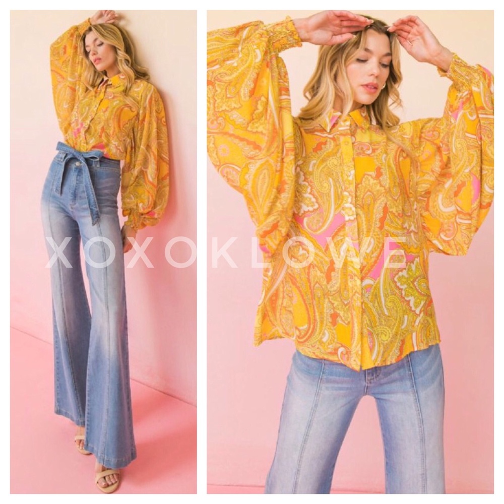 Yellow Button Down Blouse Paisley Print Long Sleeves - Picture 8 of 10